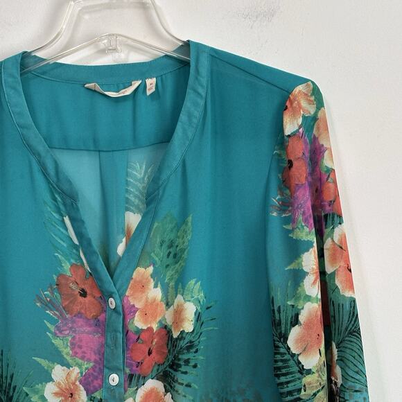 Soft Surroundings Animal Tropical Print Chiffon Blouse XL Semi Sheer‎ Roll Tab - Picture 3 of 12